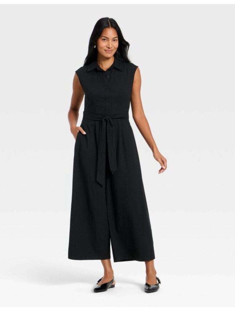 a new day Black Sleeveless Button-Front Wide-Leg Jumpsuit with Tie Waist